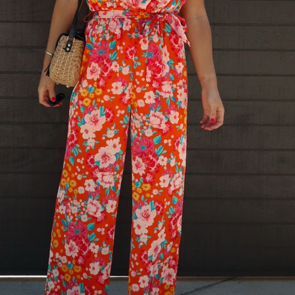 Floral Wide-Leg Jumpsuit Pants in Orange